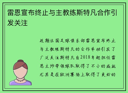 雷恩宣布终止与主教练斯特凡合作引发关注 雷恩宣布终止与主教练斯特凡合作引发关注